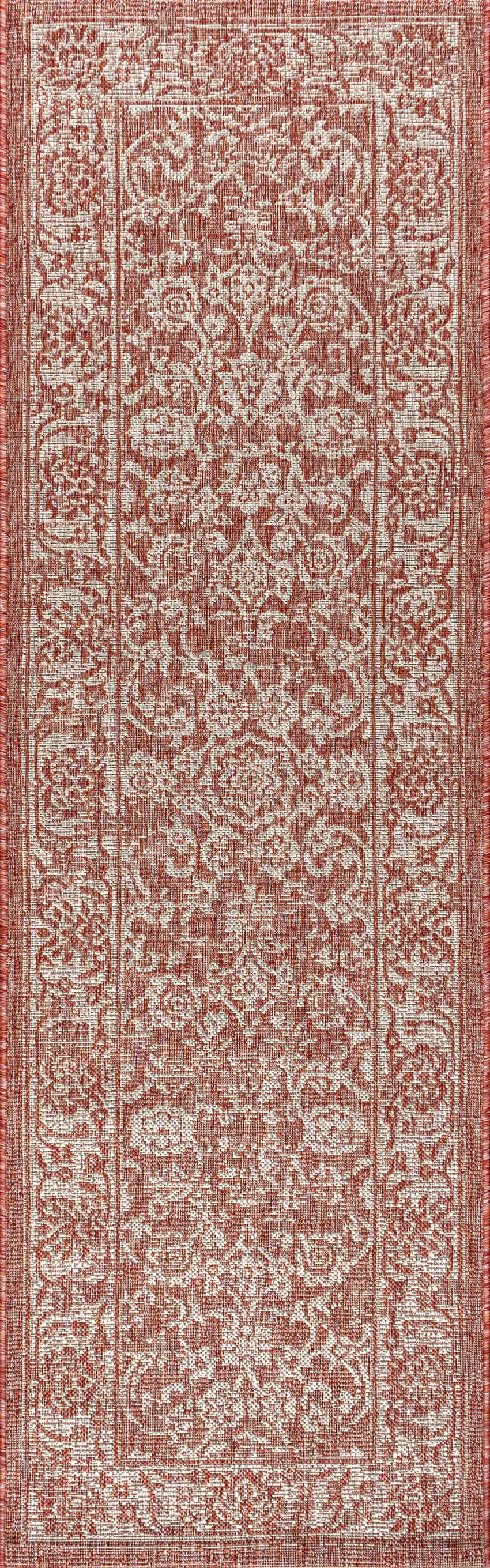 8' Red And Taupe Medallion Indoor Outdoor Runner Rug Photo 1