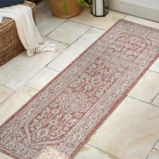 8' Red And Taupe Medallion Indoor Outdoor Runner Rug Photo 5