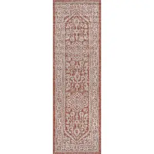 Photo of 8' Red And Taupe Medallion Indoor Outdoor Runner Rug