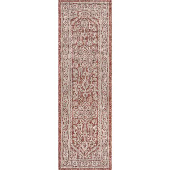 8' Red And Taupe Medallion Indoor Outdoor Runner Rug Photo 1