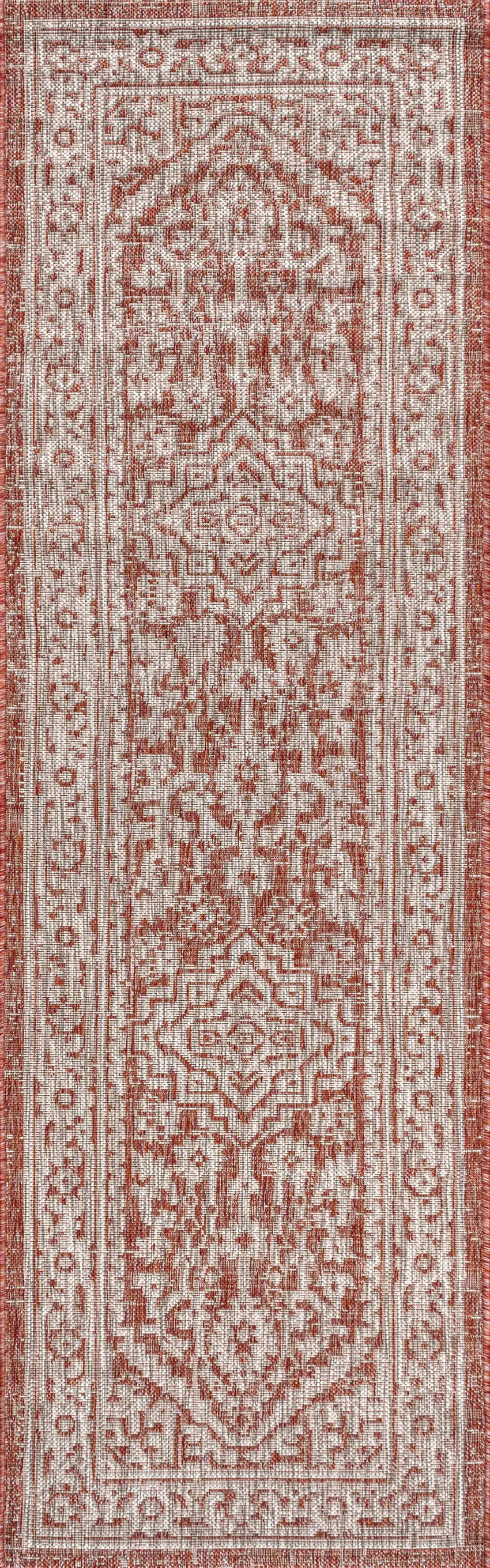 8' Red And Taupe Medallion Indoor Outdoor Runner Rug Photo 1