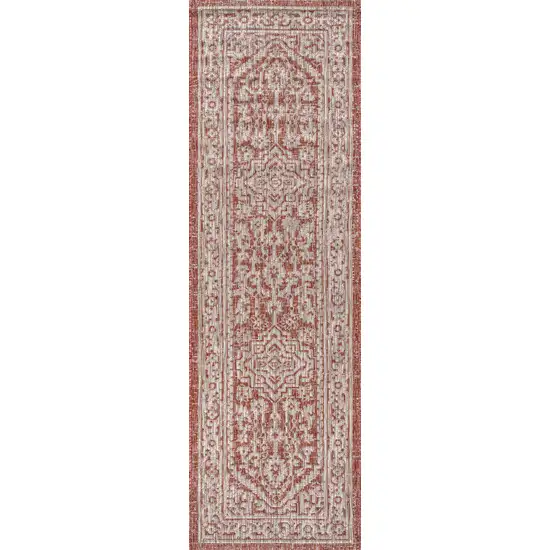 8' Red And Taupe Medallion Indoor Outdoor Runner Rug Photo 3