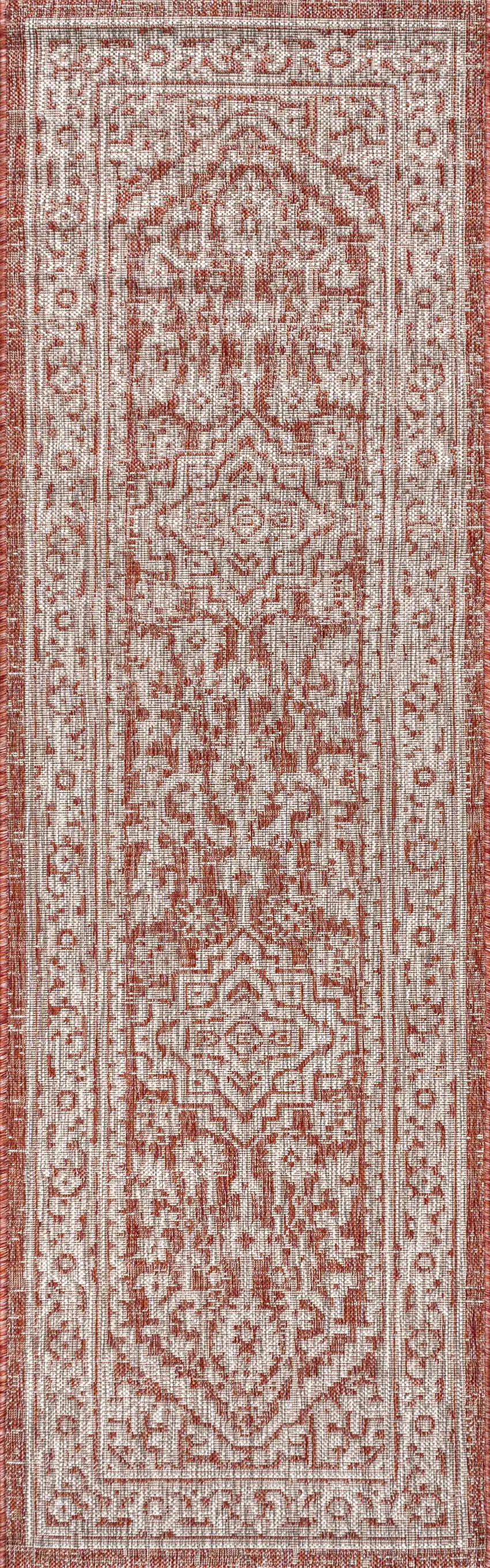 8' Red And Taupe Medallion Indoor Outdoor Runner Rug Photo 3