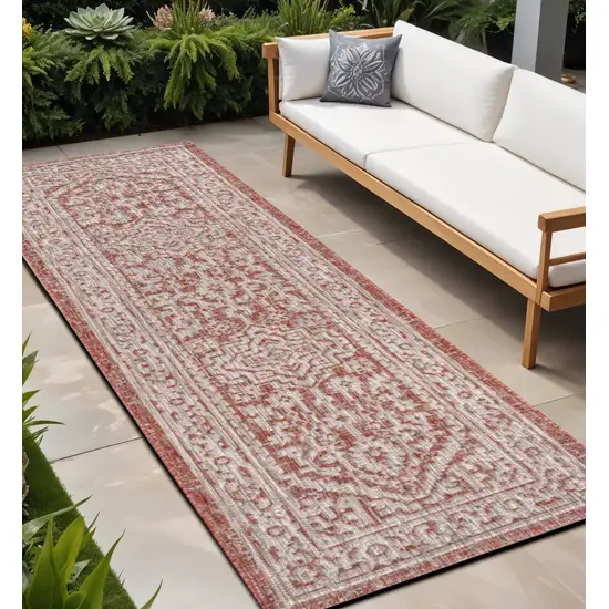 8' Red And Taupe Medallion Indoor Outdoor Runner Rug Photo 1