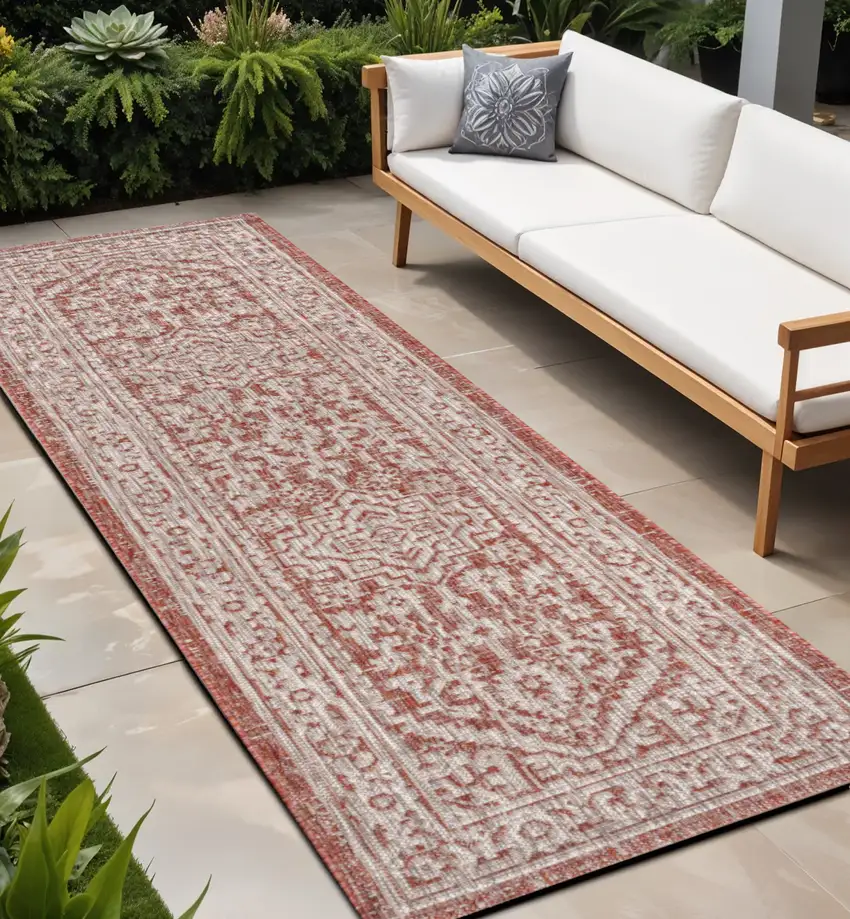 8' Red And Taupe Medallion Indoor Outdoor Runner Rug Photo 1