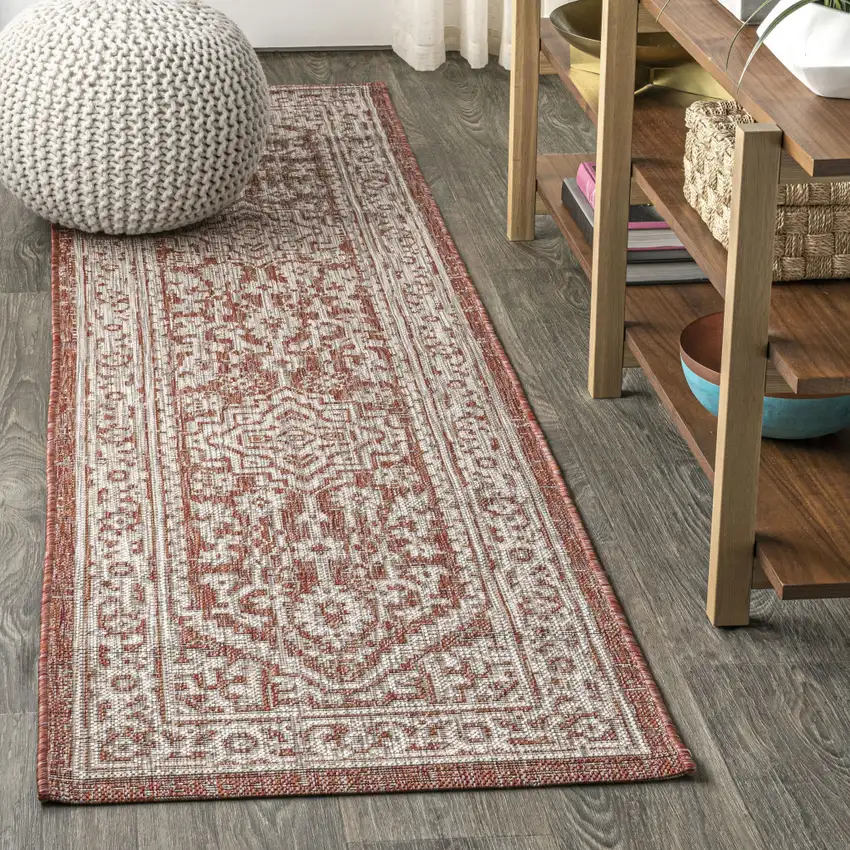 8' Red And Taupe Medallion Indoor Outdoor Runner Rug Photo 4