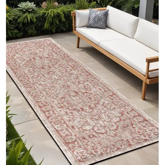 8' Red And Taupe Medallion Indoor Outdoor Runner Rug Photo 1