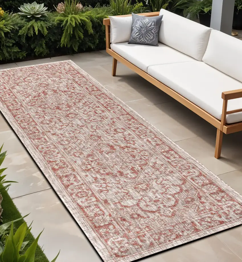 8' Red And Taupe Medallion Indoor Outdoor Runner Rug Photo 1