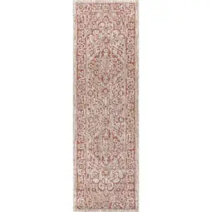 Photo of 8' Red And Taupe Medallion Indoor Outdoor Runner Rug