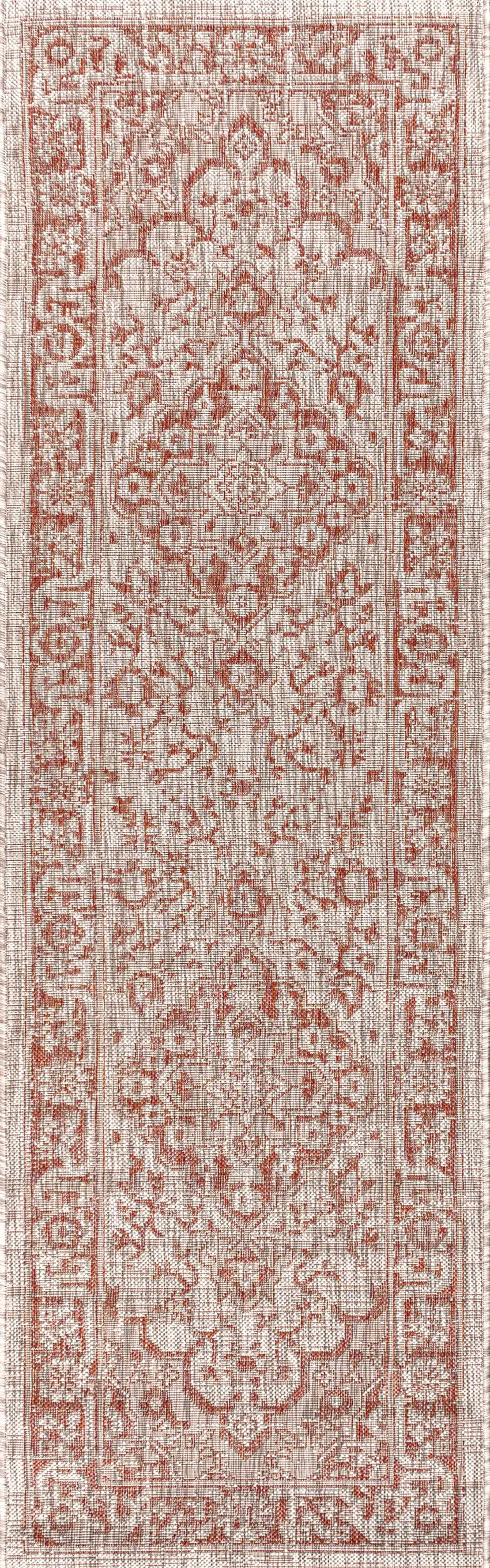 8' Red And Taupe Medallion Indoor Outdoor Runner Rug Photo 1