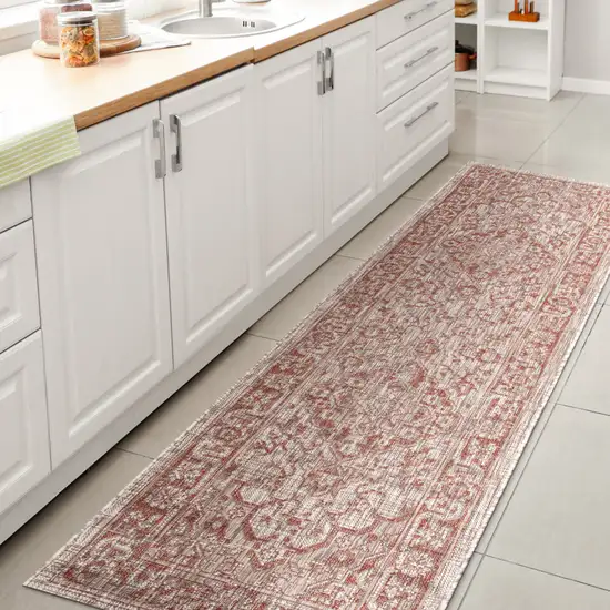 8' Red And Taupe Medallion Indoor Outdoor Runner Rug Photo 6