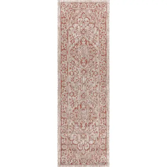 8' Red And Taupe Medallion Indoor Outdoor Runner Rug Photo 3