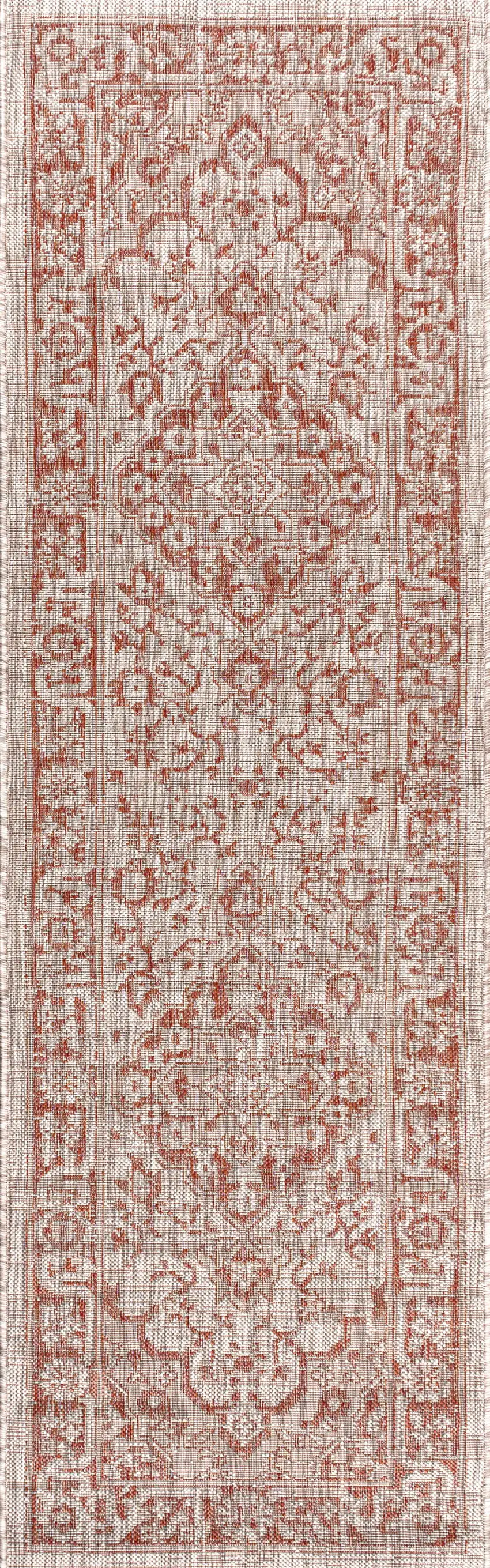 8' Red And Taupe Medallion Indoor Outdoor Runner Rug Photo 3