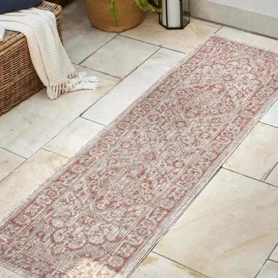 8' Red And Taupe Medallion Indoor Outdoor Runner Rug Photo 5