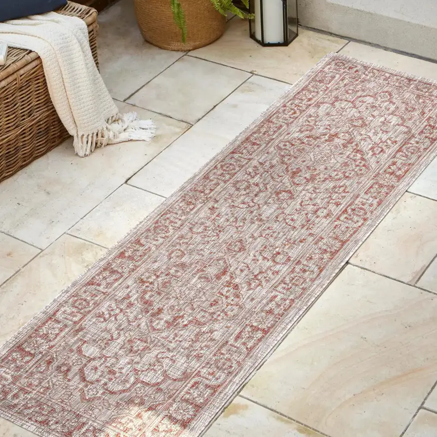 8' Red And Taupe Medallion Indoor Outdoor Runner Rug Photo 5