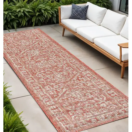 8' Red And Taupe Medallion Indoor Outdoor Runner Rug Photo 1