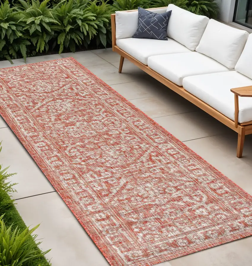8' Red And Taupe Medallion Indoor Outdoor Runner Rug Photo 1
