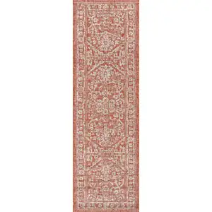 Photo of 8' Red And Taupe Medallion Indoor Outdoor Runner Rug