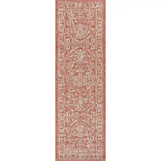 8' Red And Taupe Medallion Indoor Outdoor Runner Rug Photo 1