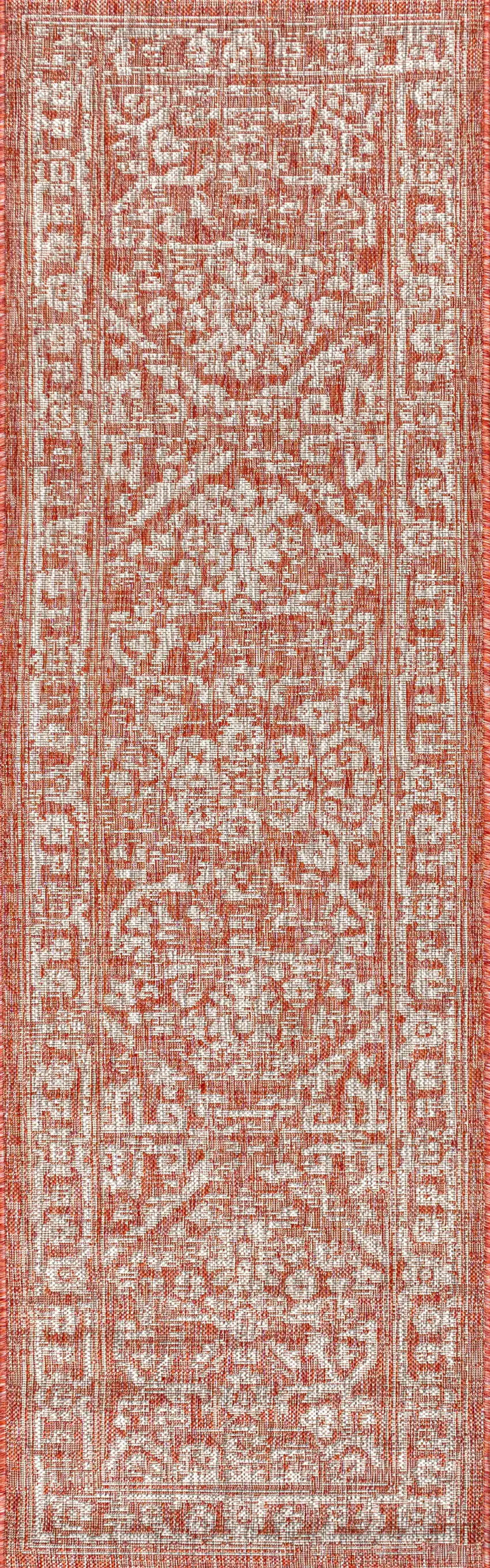 8' Red And Taupe Medallion Indoor Outdoor Runner Rug Photo 1