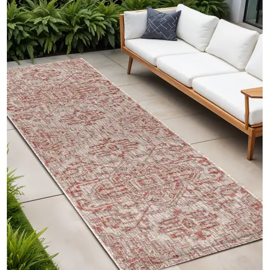 8' Red And Taupe Medallion Indoor Outdoor Runner Rug Photo 1