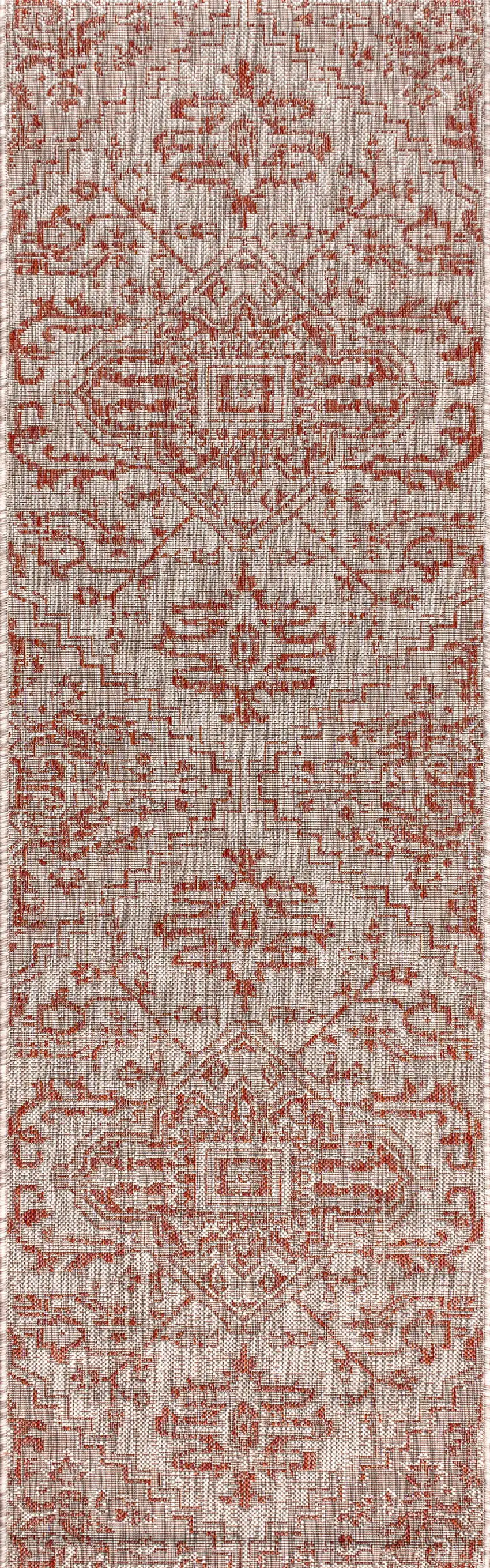 8' Red And Taupe Medallion Indoor Outdoor Runner Rug Photo 2