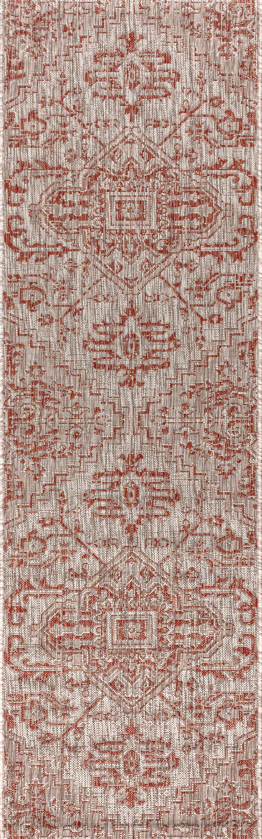 8' Red And Taupe Medallion Indoor Outdoor Runner Rug Photo 1