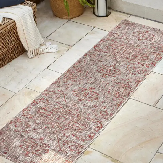 8' Red And Taupe Medallion Indoor Outdoor Runner Rug Photo 4