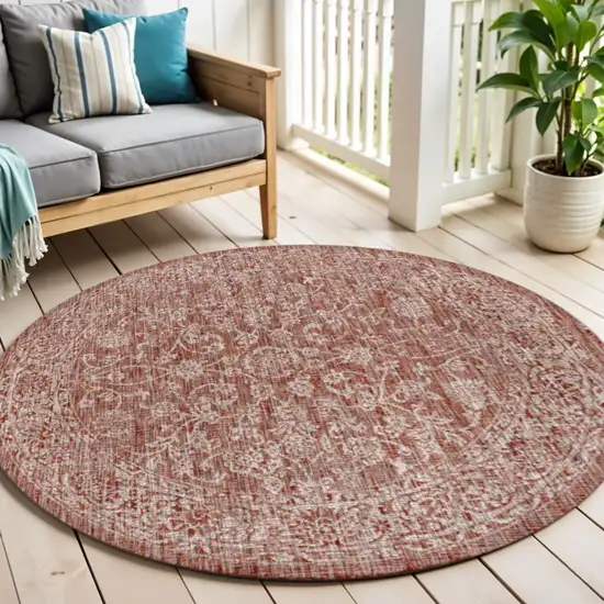 5' Red And Taupe Round Medallion Indoor Outdoor Area Rug Photo 1