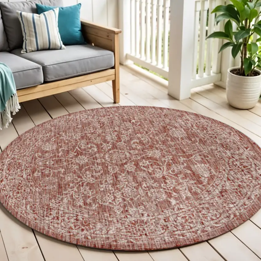 5' Red And Taupe Round Medallion Indoor Outdoor Area Rug Photo 1