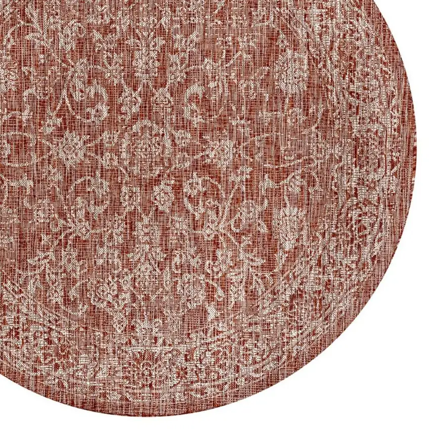 6' Red And Taupe Round Medallion Indoor Outdoor Area Rug Photo 2