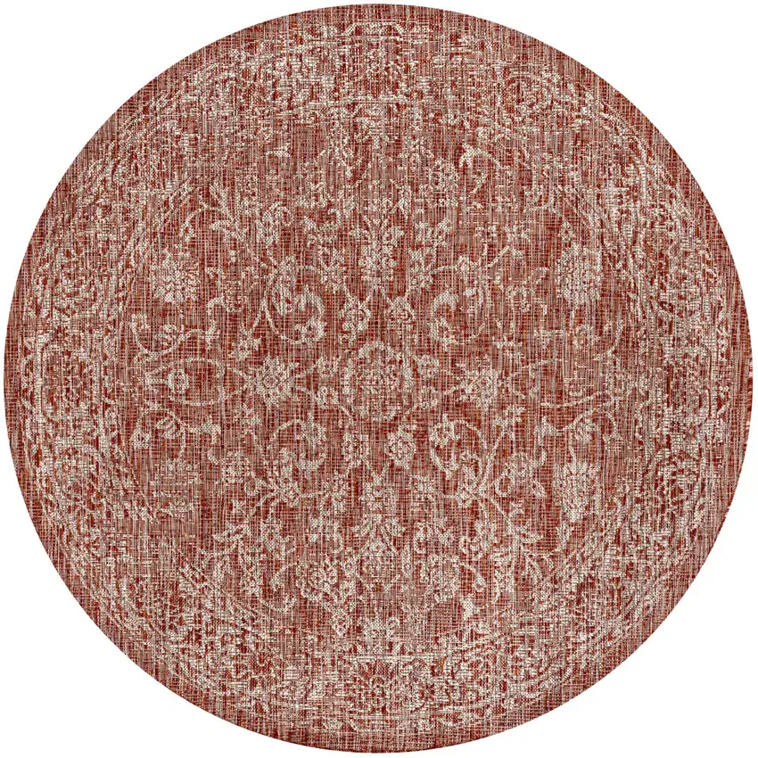 8' Red And Taupe Round Medallion Indoor Outdoor Area Rug Photo 1