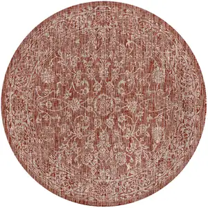 Photo of 9' Red And Taupe Round Medallion Indoor Outdoor Area Rug