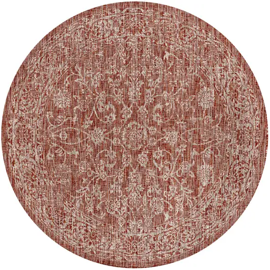 9' Red And Taupe Round Medallion Indoor Outdoor Area Rug Photo 1