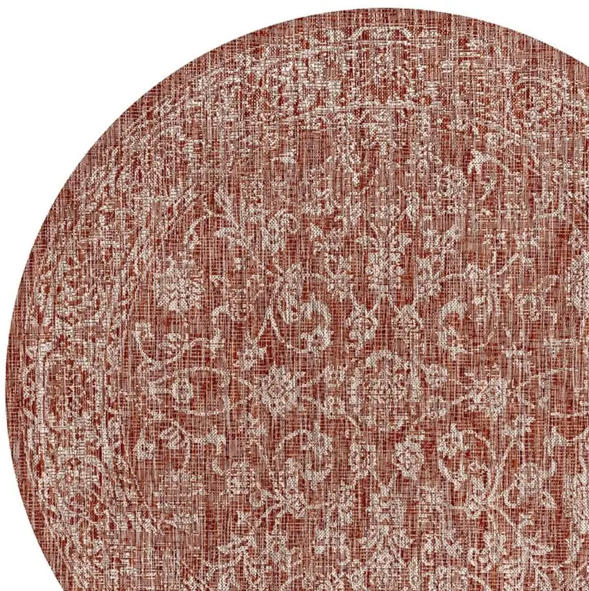 9' Red And Taupe Round Medallion Indoor Outdoor Area Rug Photo 2