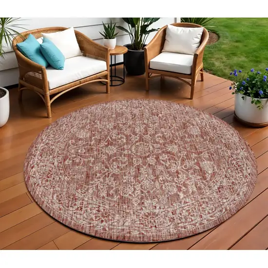 9' Red And Taupe Round Medallion Indoor Outdoor Area Rug Photo 1