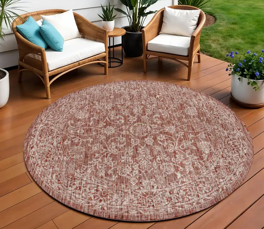 9' Red And Taupe Round Medallion Indoor Outdoor Area Rug Photo 1