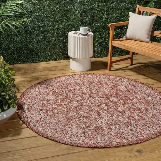 9' Red And Taupe Round Medallion Indoor Outdoor Area Rug Photo 5