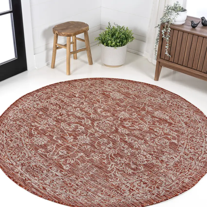 9' Red And Taupe Round Medallion Indoor Outdoor Area Rug Photo 4