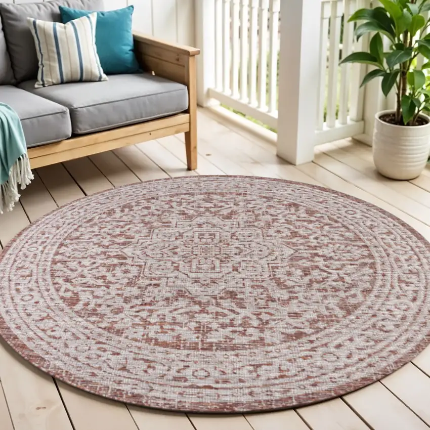 6' Red And Taupe Round Medallion Indoor Outdoor Area Rug Photo 1