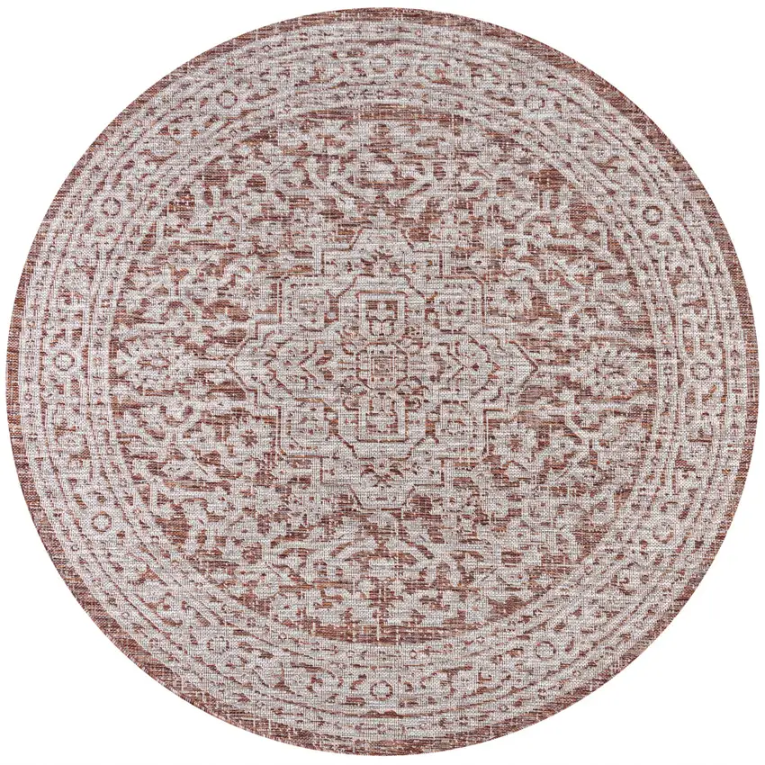 6' Red And Taupe Round Medallion Indoor Outdoor Area Rug Photo 1