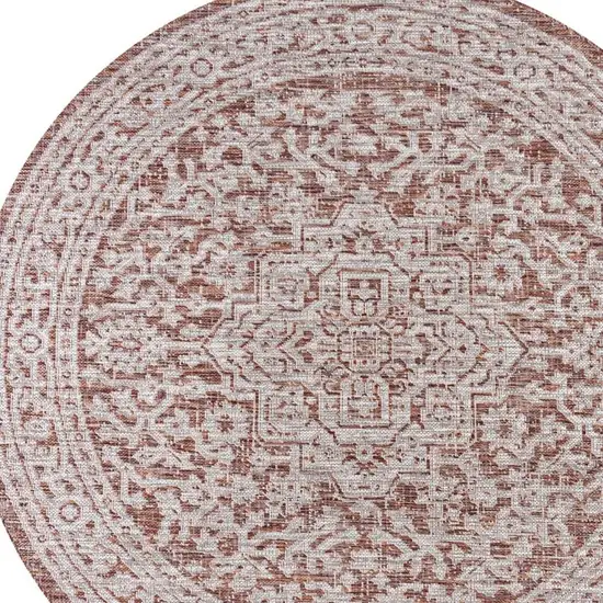 8' Red And Taupe Round Medallion Indoor Outdoor Area Rug Photo 2