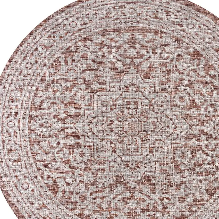 8' Red And Taupe Round Medallion Indoor Outdoor Area Rug Photo 2