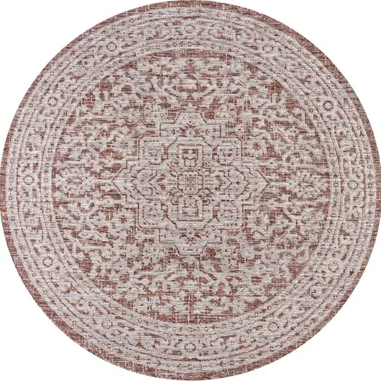 8' Red And Taupe Round Medallion Indoor Outdoor Area Rug Photo 3