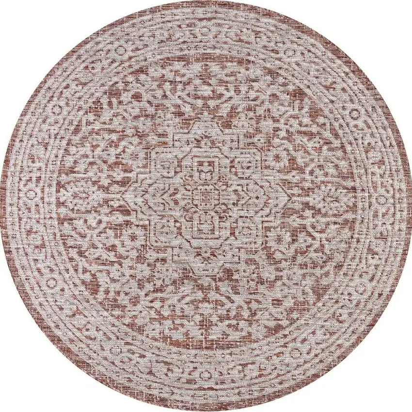 8' Red And Taupe Round Medallion Indoor Outdoor Area Rug Photo 3