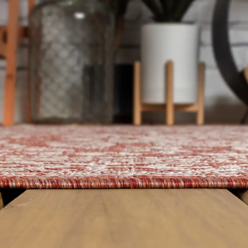 8' Red And Taupe Round Medallion Indoor Outdoor Area Rug Photo 9