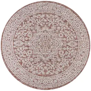 Photo of 8' Red And Taupe Round Medallion Indoor Outdoor Area Rug