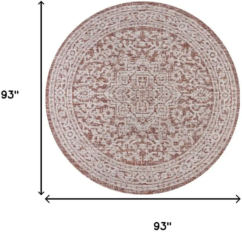 8' Red And Taupe Round Medallion Indoor Outdoor Area Rug Photo 8