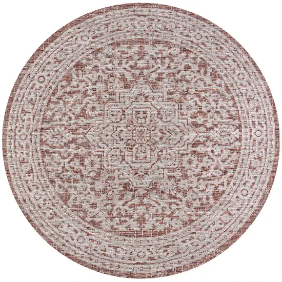 9' Red And Taupe Round Medallion Indoor Outdoor Area Rug Photo 3