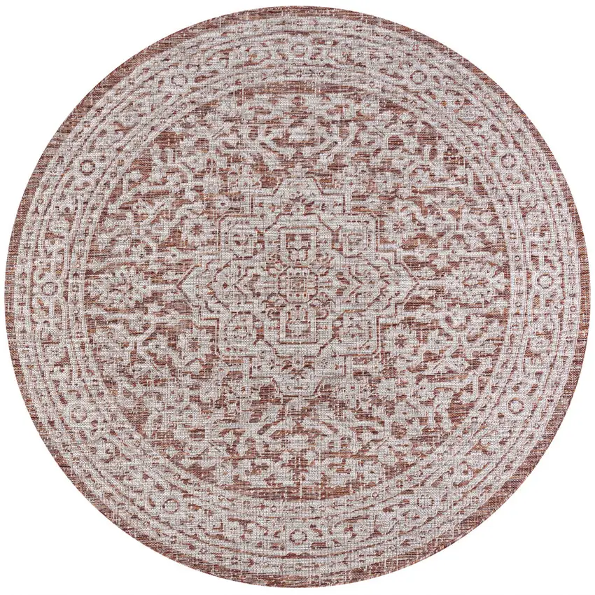 9' Red And Taupe Round Medallion Indoor Outdoor Area Rug Photo 3